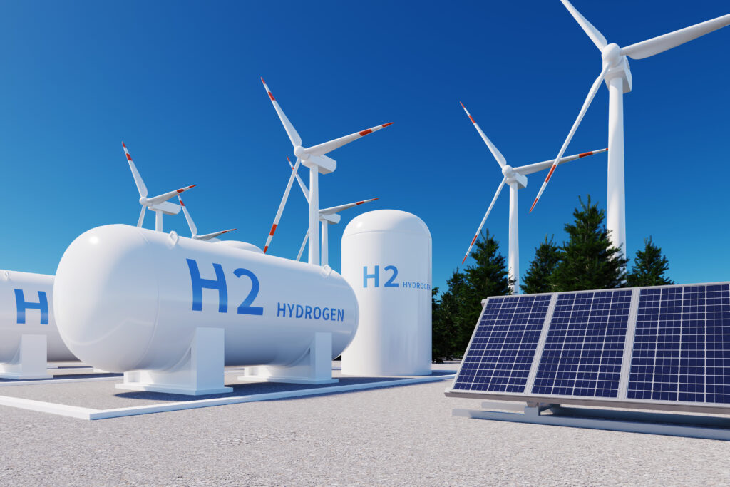 h2 hydrogen tank, solar panels and wind power turbines, 3d rende